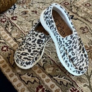 Hey Dude Black and Off-White Animal Print Moccasins